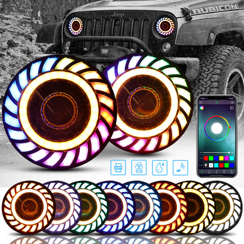7" RGB 3D LED Lens Halo Rotating Headlights For 1997-2023 Jeep Wrangler TJ LJ JK JKU JL JLU (2pcs/set)
