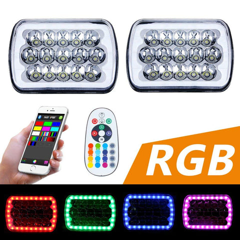 RGB Halo Rectangle 5x7 Headlights for Jeep YJ XJ GMC Ford Truck Van
