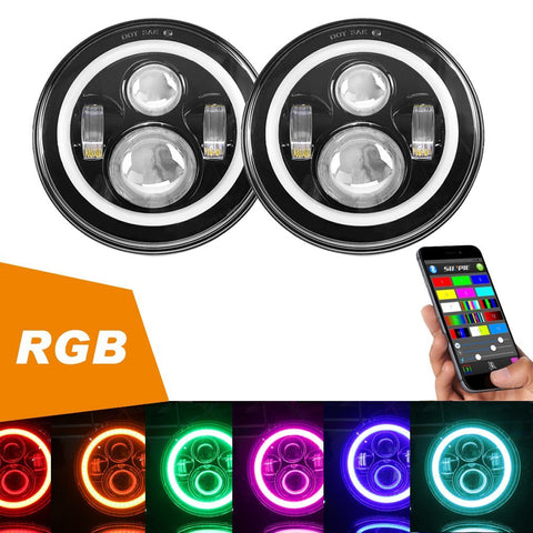 Sunpie 7" LED Headlights Bulb RGB Halo Angel Eye with Bluetooth Remote